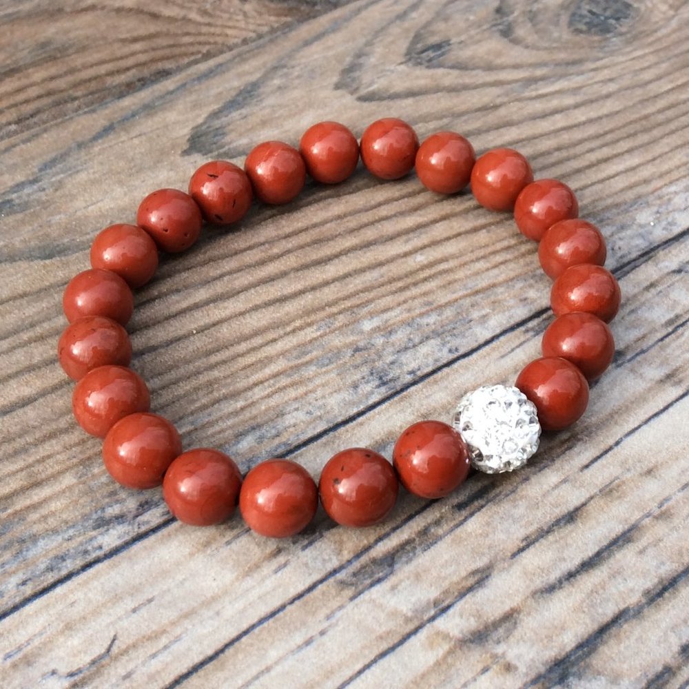 Red Jasper bracelet with rhinestone focal bead, crystal healing bracelet